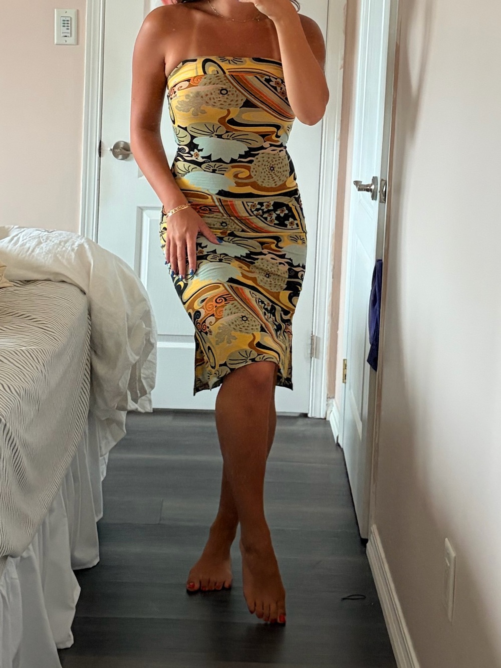 Costa Blanca Yellow Multi-Print Strapless Midi Dress